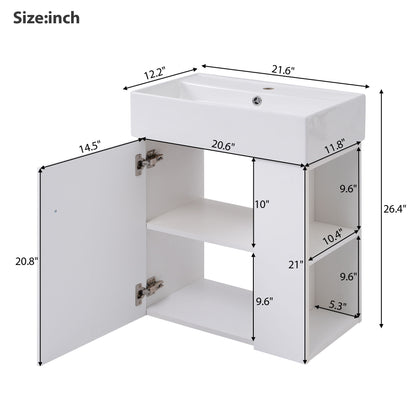 Modern Floating Bathroom Vanity With Ceramic Basin, ideal for small bathrooms, features a rectangular sink, a cabinet with door and two shelves on the left, and three open shelves on the right. Dimensions for each section are shown in inches.