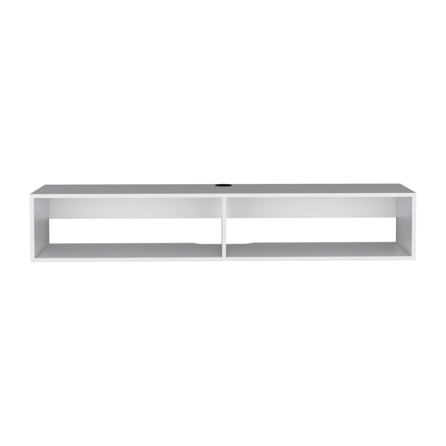The Moore Floating TV Stand is a modern, rectangular white wall-mounted unit with two open shelves and a circular cable management hole on the back panel.