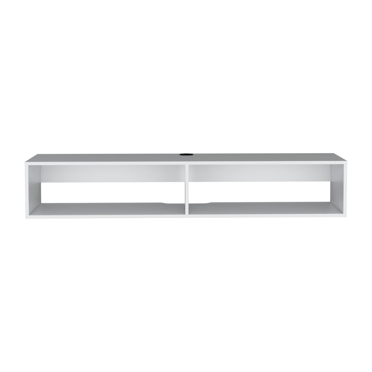 The Moore Floating TV Stand is a modern, rectangular white wall-mounted unit with two open shelves and a circular cable management hole on the back panel.