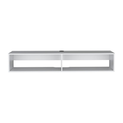 The Moore Floating TV Stand is a modern, rectangular white wall-mounted unit with two open shelves and a circular cable management hole on the back panel.
