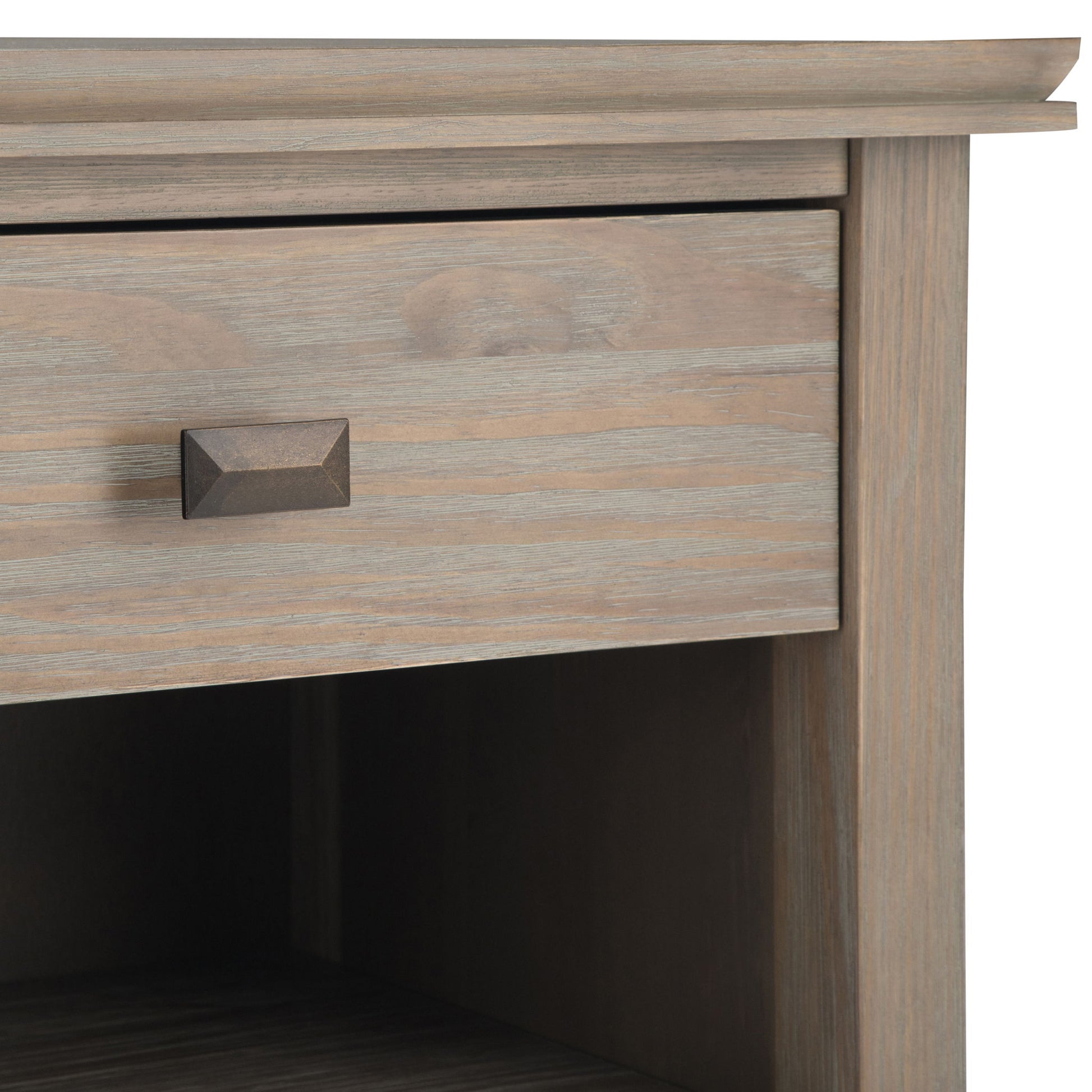 Close-up of the Artisan - Handcrafted Bedside Table with a single drawer, square metal knob, open lower shelf, and light natural wood finish showcasing visible grain patterns.
