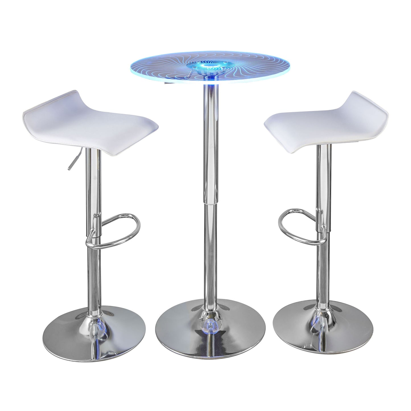 The Spyra Ale - 3 Piece Contemporary Adjustable Bar With Up Set features a modern bar-height table with a glowing blue LED glass top and two white and chrome bar stools with curved seats and footrests.