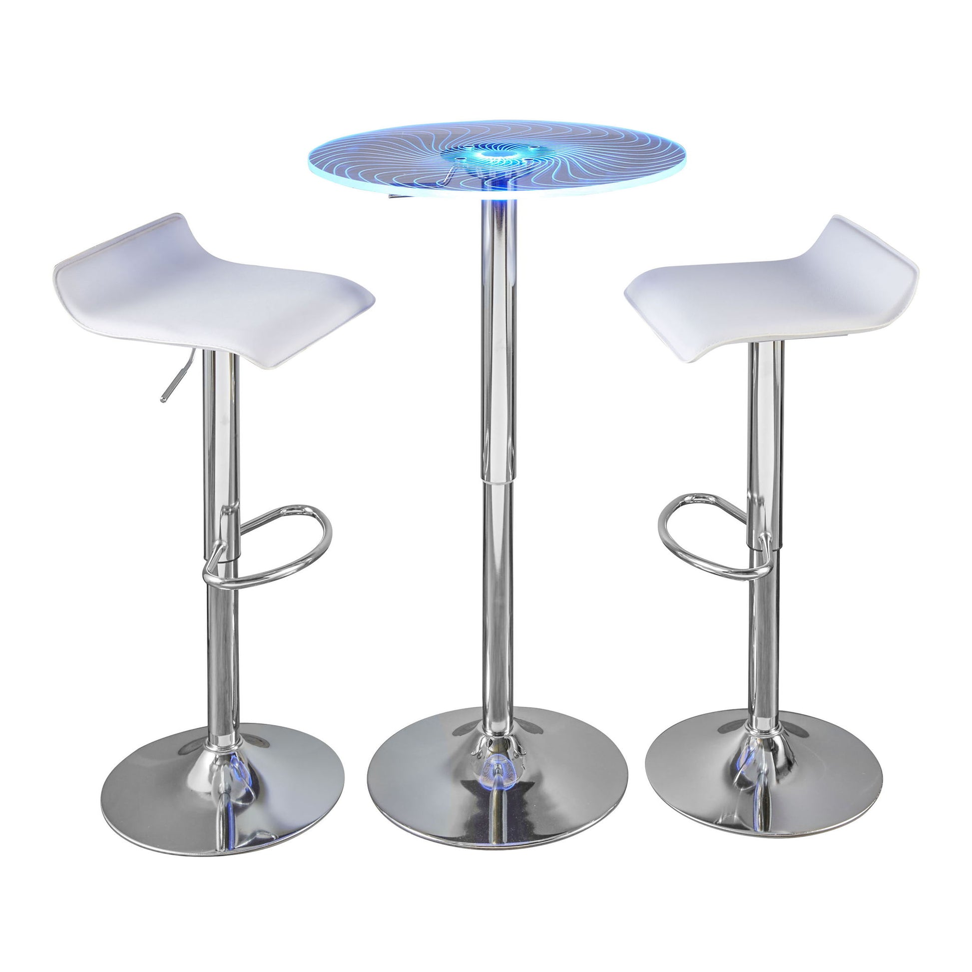 The Spyra Ale - 3 Piece Contemporary Adjustable Bar With Up Set features a modern bar-height table with a glowing blue LED glass top and two white and chrome bar stools with curved seats and footrests.
