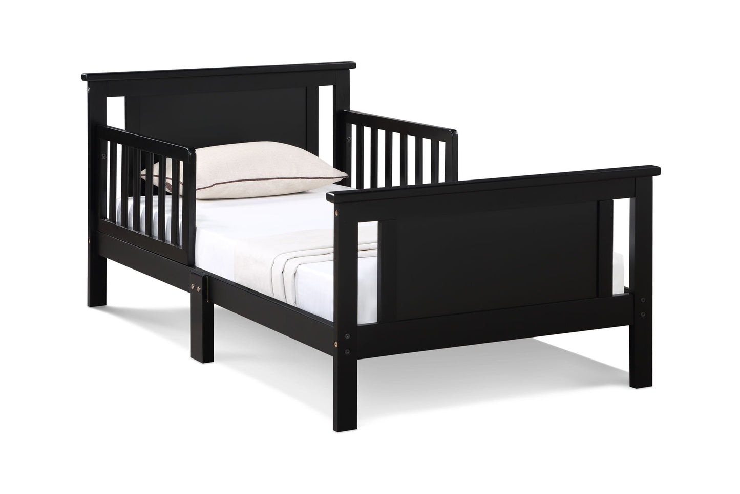 The Connelly - Reversible Panel Toddler Bed, shown in black wood with slatted sides and ends, is made up with a white sheet and light pillow on a white background.