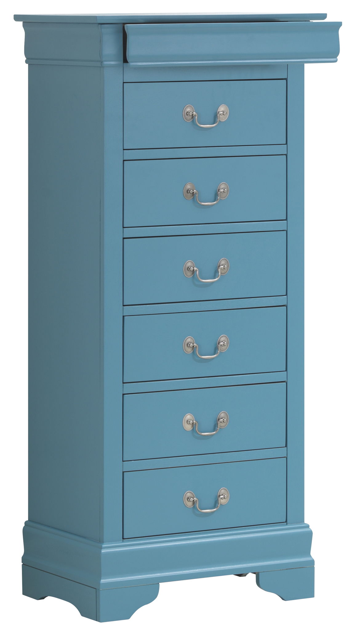 The Traditional Style Lingerie Storage Chest Timeless is a tall blue wooden dresser with six drawers, each with two silver handles, featuring decorative feet and a slightly raised top edge for a classic look.