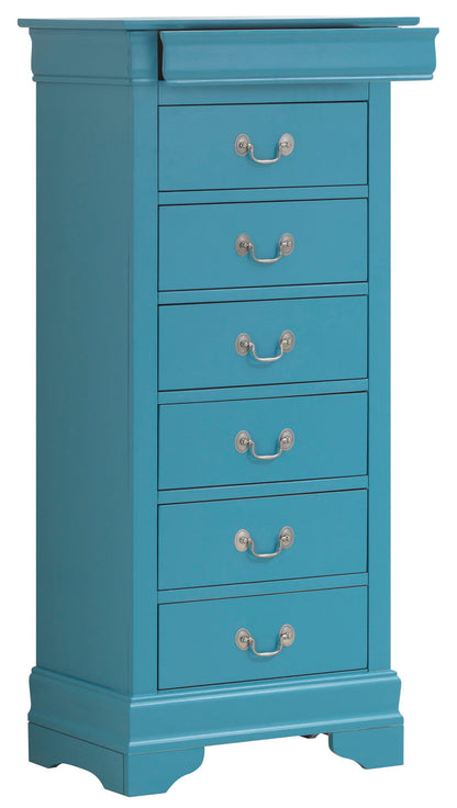 The Traditional Style Lingerie Storage Chest Timeless is a tall blue wooden dresser with six drawers, each with two silver handles, featuring decorative feet and a slightly raised top edge for a classic look.
