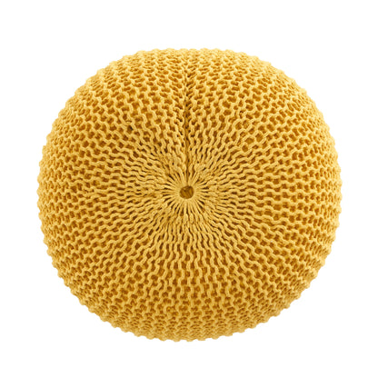 The Bordeaux Knitted Cotton Round Pouf is a yellow, textured ottoman and floor cushion with a tightly knitted cover, shown from above on a white background.