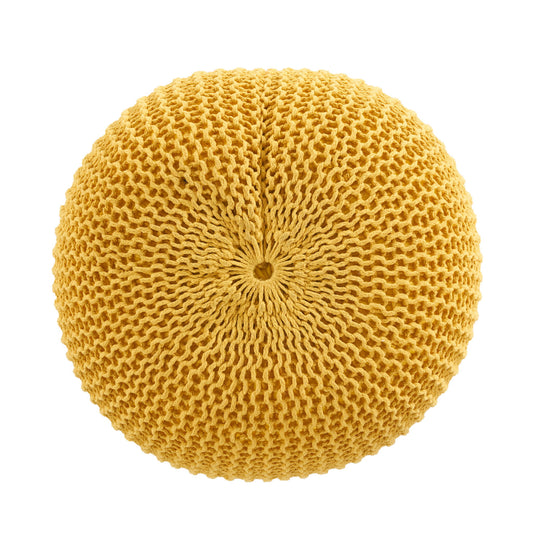 The Bordeaux Knitted Cotton Round Pouf is a yellow, textured ottoman and floor cushion with a tightly knitted cover, shown from above on a white background.