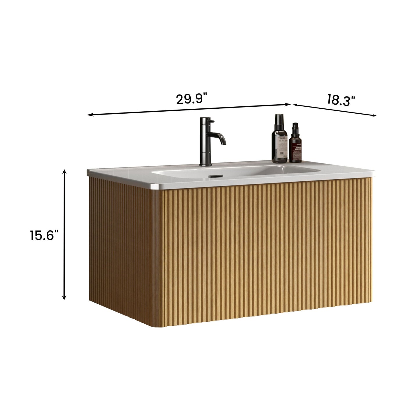 The Etna - Striped Bathroom Vanity features a ribbed wooden front, ceramic sink, white countertop, black faucet, and toiletries. Wall-mounted and modern, it measures 29.9" W x 18.3" D x 15.6" H—perfect for contemporary bathrooms.