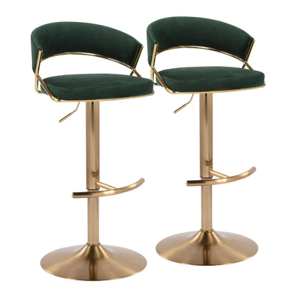 The Jie Contemporary Adjustable Barstools (Set of 2) feature green velvet seats, curved backrests, gold metal frames, and round gold bases with rounded T footrests for a sleek, modern look.