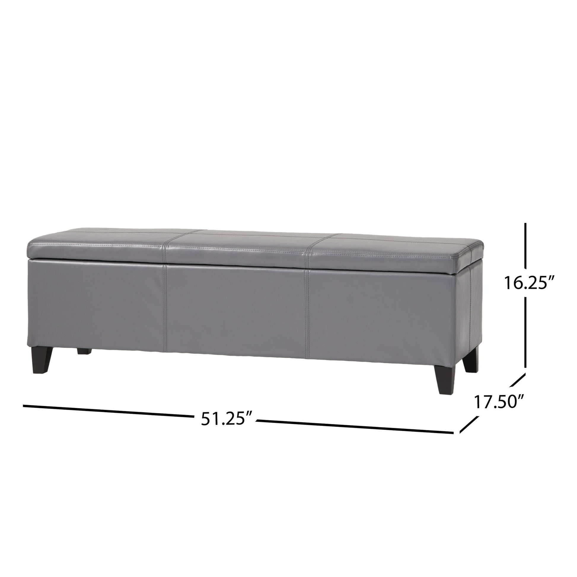 The Glouster - Contemporary Storage Ottoman is a rectangular, gray upholstered bench with short black legs, measuring 51.25"L x 17.5"D x 16.25"H and offering convenient storage.