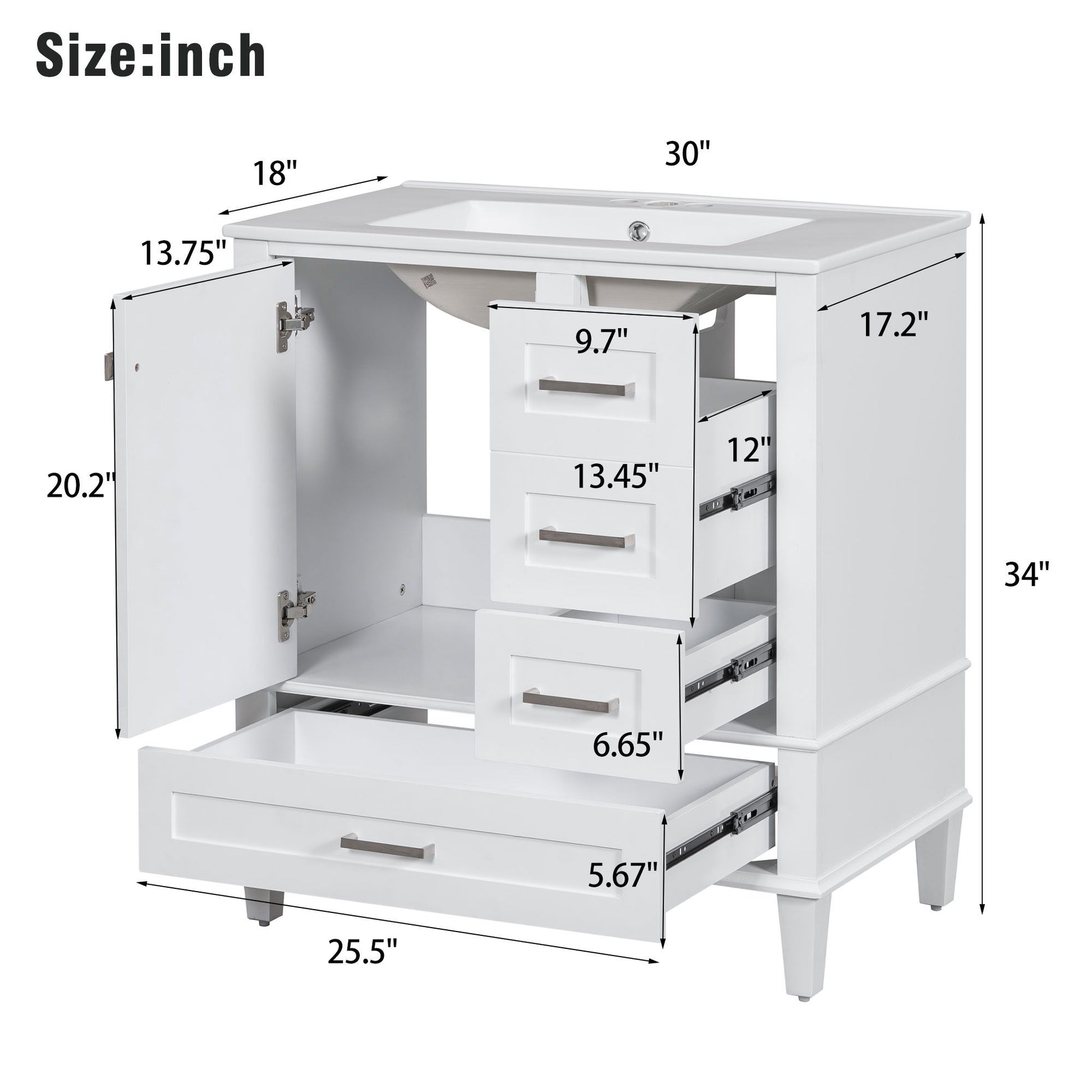 Modern Bathroom Vanity with sink and solid wood frame features a soft-closing door, 3 drawers, and interior dimensions in inches. Shown with open cabinets; measures 34"H x 30"W x 18"D.