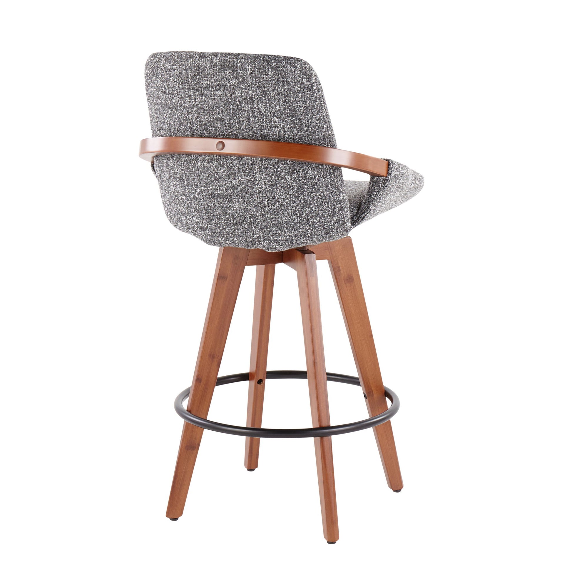 The Cosmo - Mid Century Counter Stool features a gray upholstered seat and backrest, wooden legs, curved wooden armrest, and a circular black metal footrest, displayed from the rear angle.