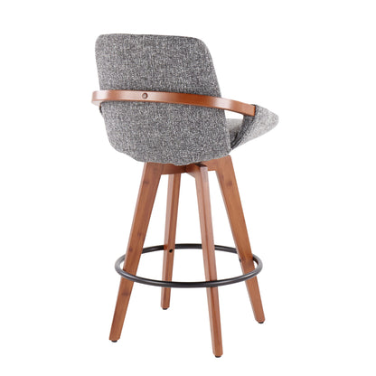 The Cosmo - Mid Century Counter Stool features a gray upholstered seat and backrest, wooden legs, curved wooden armrest, and a circular black metal footrest, displayed from the rear angle.