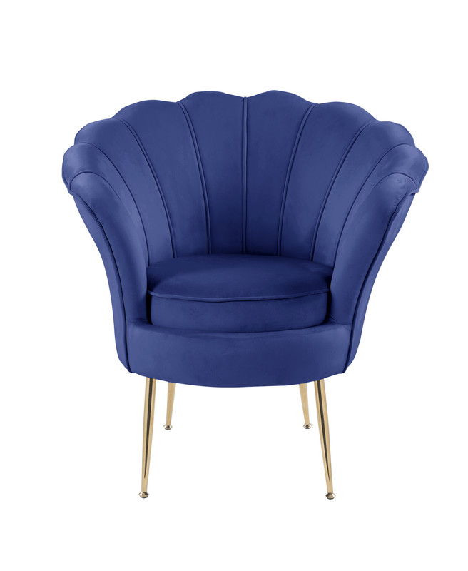 The Angelina Velvet Scalloped Back Barrel Accent Chair features a seashell-inspired backrest and slim gold metal legs, displayed against a white background.