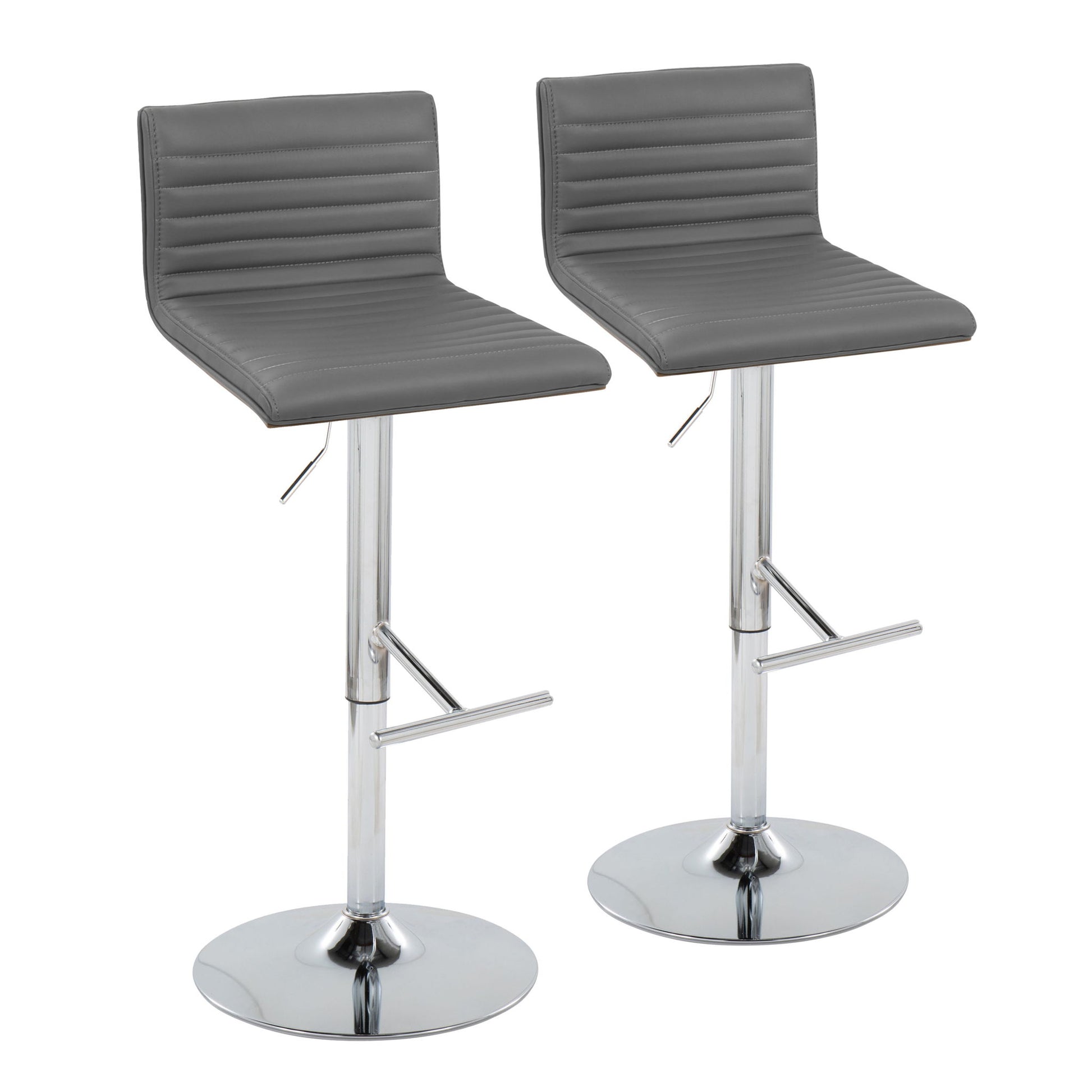 The Mason Contemporary Adjustable Barstool & Swivel with Straight T Footrest (Set of 2) features grey cushioned, horizontally stitched seats and backs, shiny chrome bases, footrests, and adjustable height.