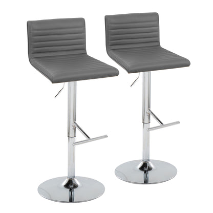 The Mason Contemporary Adjustable Barstool & Swivel with Straight T Footrest (Set of 2) features grey cushioned, horizontally stitched seats and backs, shiny chrome bases, footrests, and adjustable height.