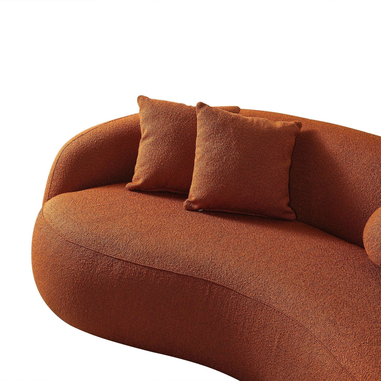 The Drake - Japandi Style Curvy Boucle Sofa is a modern curved orange piece with a textured boucle finish, featuring two matching square throw pillows, set against a plain white background.