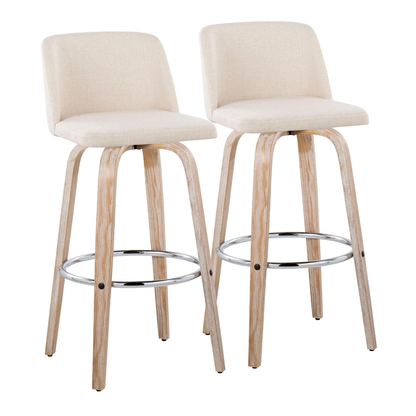 The Toriano Contemporary Fixed Height Barstool Set includes two modern stools with light beige upholstered seats and backs, sleek light wood legs, a round metal footrest, and swivel functionality for a minimalist look.