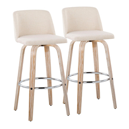 The Toriano Contemporary Fixed Height Barstool Set includes two modern stools with light beige upholstered seats and backs, sleek light wood legs, a round metal footrest, and swivel functionality for a minimalist look.