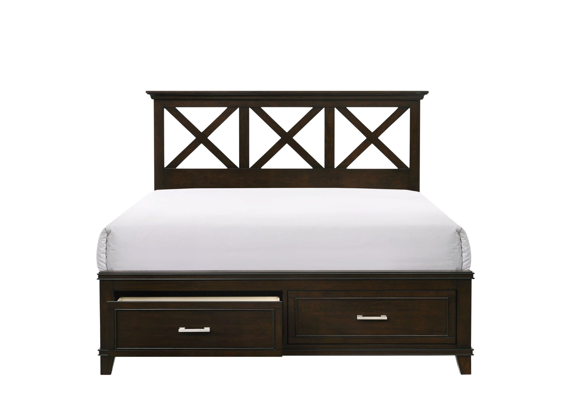 The X Ample Storage Bed features a dark wood frame, lattice-style headboard, white mattress, storage drawers, and an open shelf at the foot, all displayed against a white background.