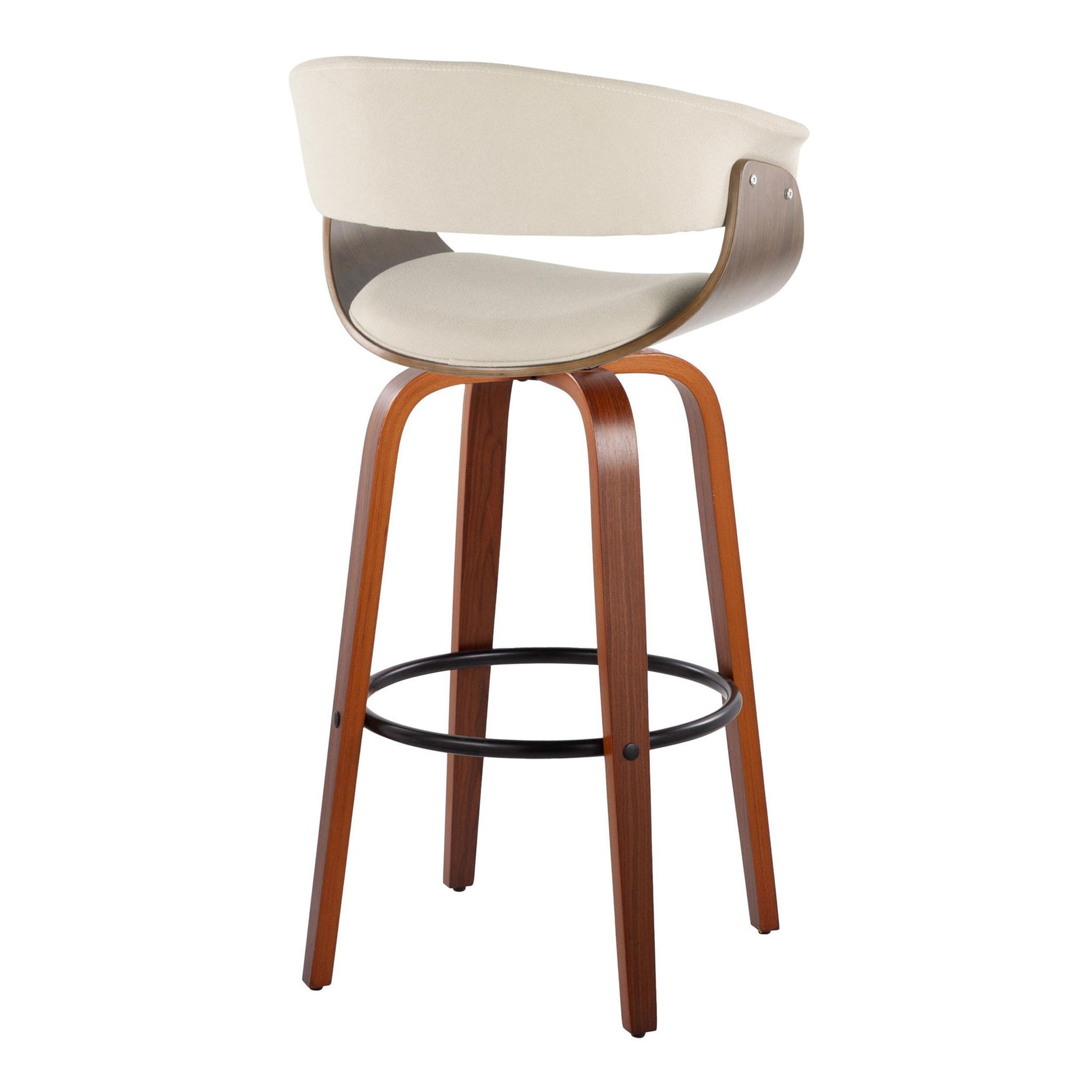 The Vintage Mod Mid Century Modern Barstool set features a curved light beige cushioned seat, wooden backrest, four wooden legs, and a black round footrest. Comes as a set of 2 with fixed height and swivel function.