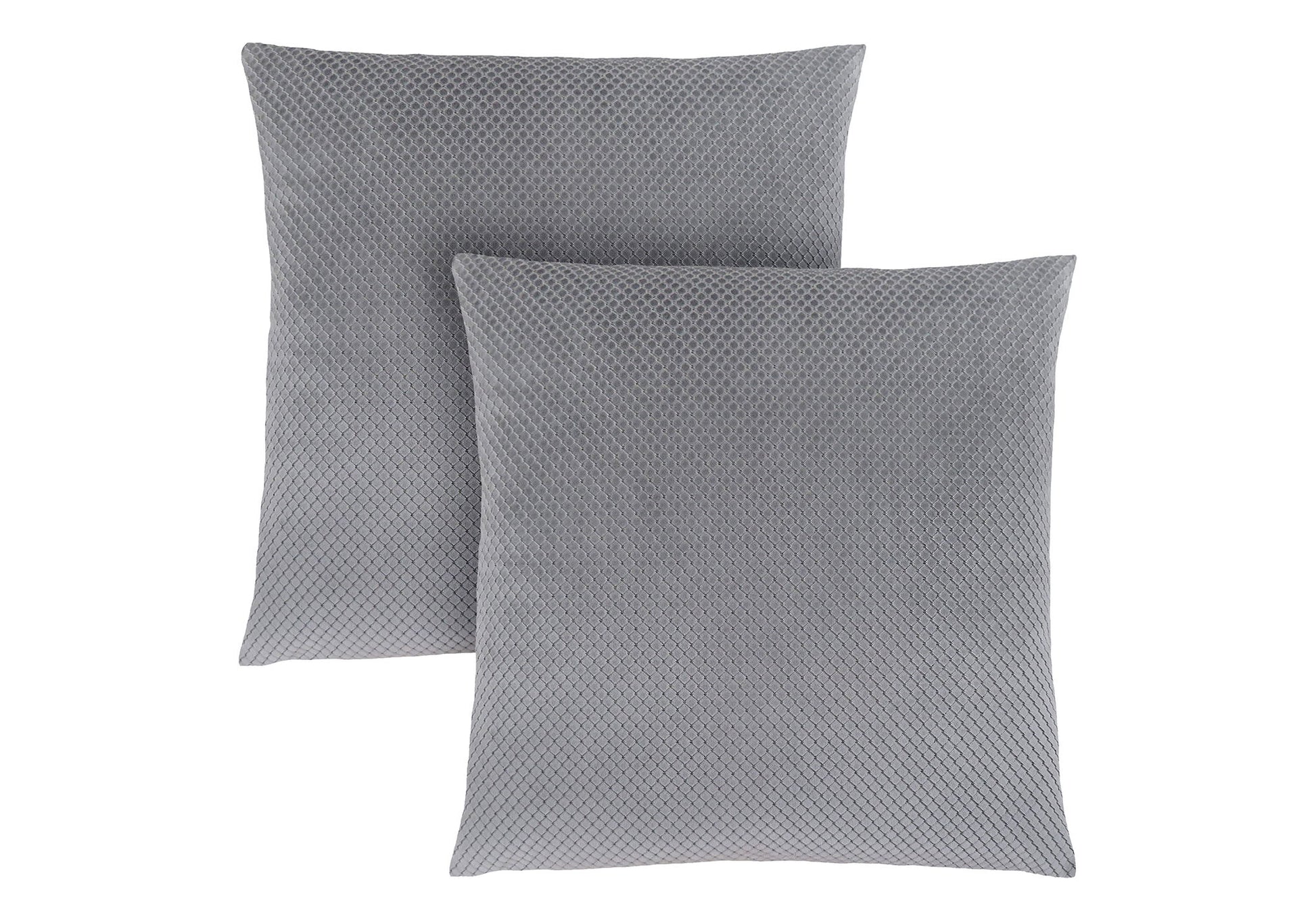 Two modern gray decorative square throw pillows with inserts, hypoallergenic, featuring a subtle textured pattern and overlapping on a white background.