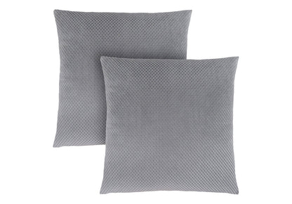 Two modern gray decorative square throw pillows with inserts, hypoallergenic, featuring a subtle textured pattern and overlapping on a white background.