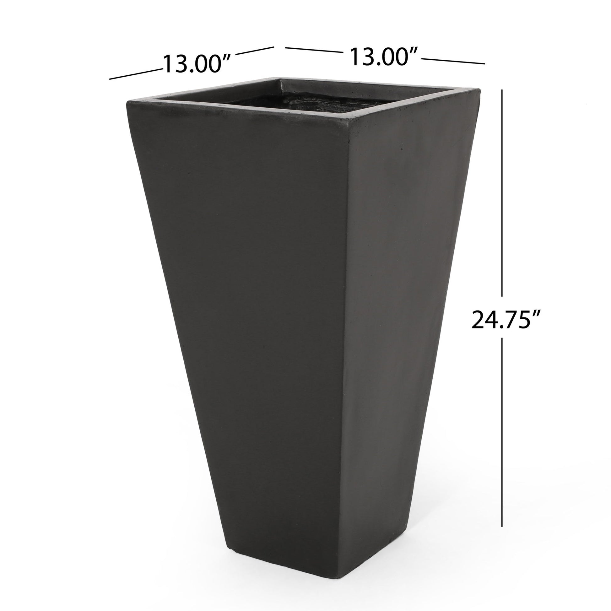 The Outdoor Modern Cast Stone Planter is a tall, black, square tapered planter measuring 13" wide at the top and 24.75" high.