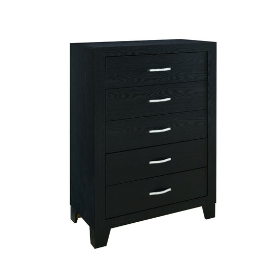 The Couch.com Carlos Chest features durable wood construction in a sleek black finish, five drawers with silver handles, and a modern design with short, angled legs—perfect for stylish storage.