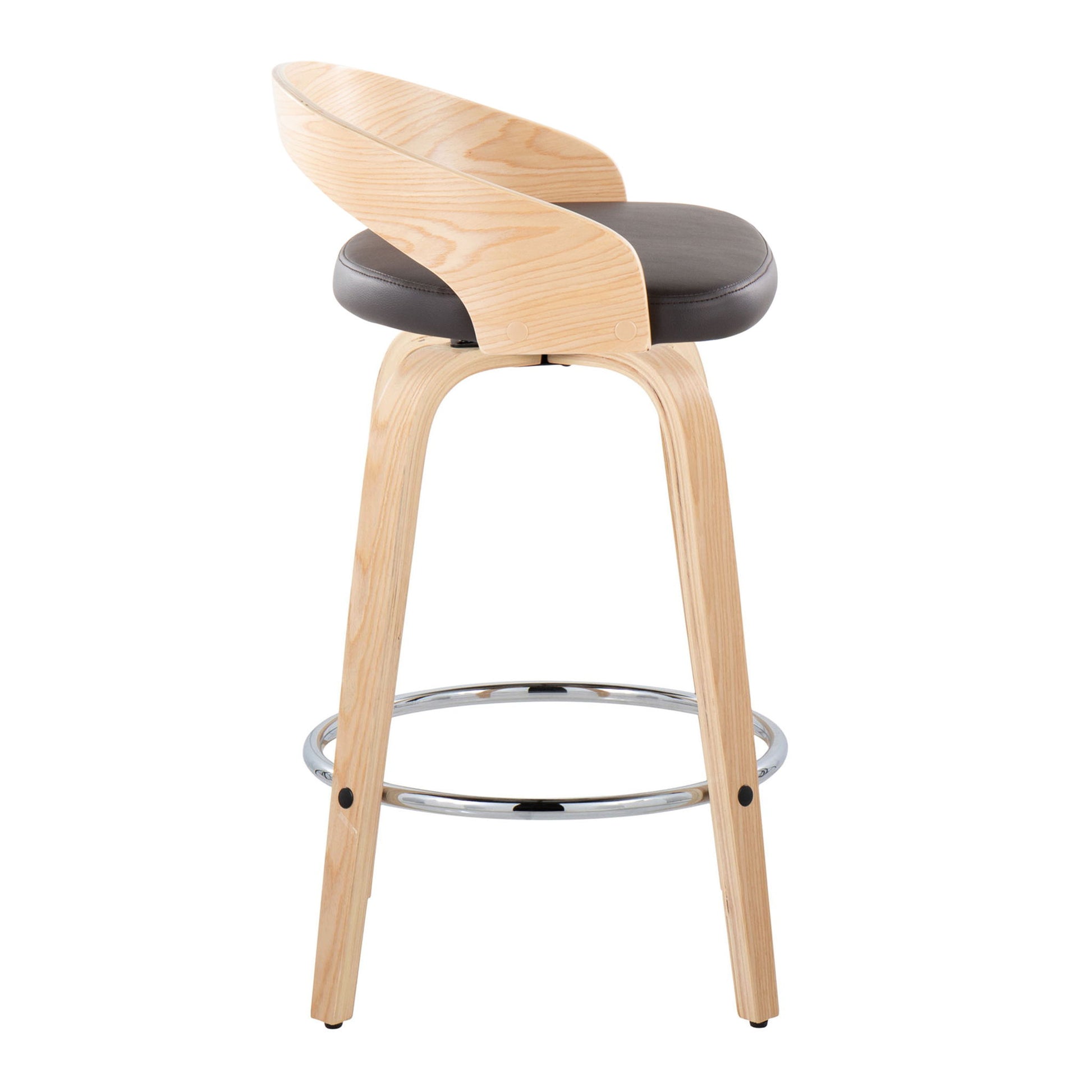 The Grotto - Contemporary Fixed Height Counter Stool With Swivel features light wood legs, a curved wooden backrest, a round brown cushioned seat, and a circular chrome footrest. Sold as a set of 2.