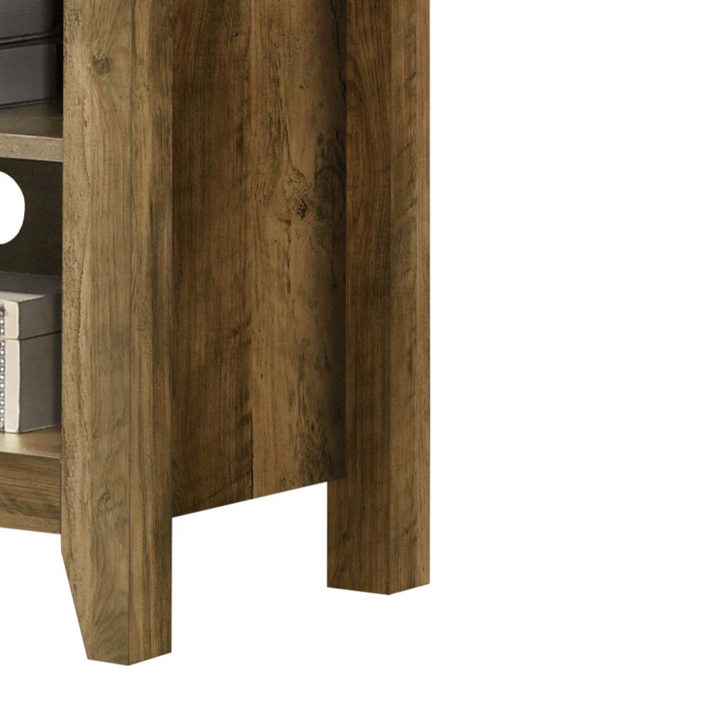 A close-up of the Benito TV Stand showcases its natural brown finish, highlighting the wood grain and sturdy structure. One open shelf is visible, neatly holding a box and other items, with built-in cable management enhancing organization.