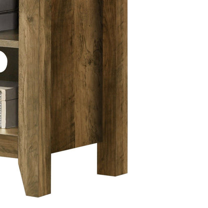 A close-up of the Benito TV Stand showcases its natural brown finish, highlighting the wood grain and sturdy structure. One open shelf is visible, neatly holding a box and other items, with built-in cable management enhancing organization.