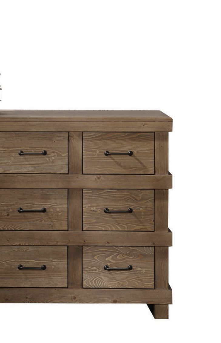 The Adams Antique Dresser in brown oak features six drawers arranged in two columns and three rows with dark metal handles, displayed against a plain white background.