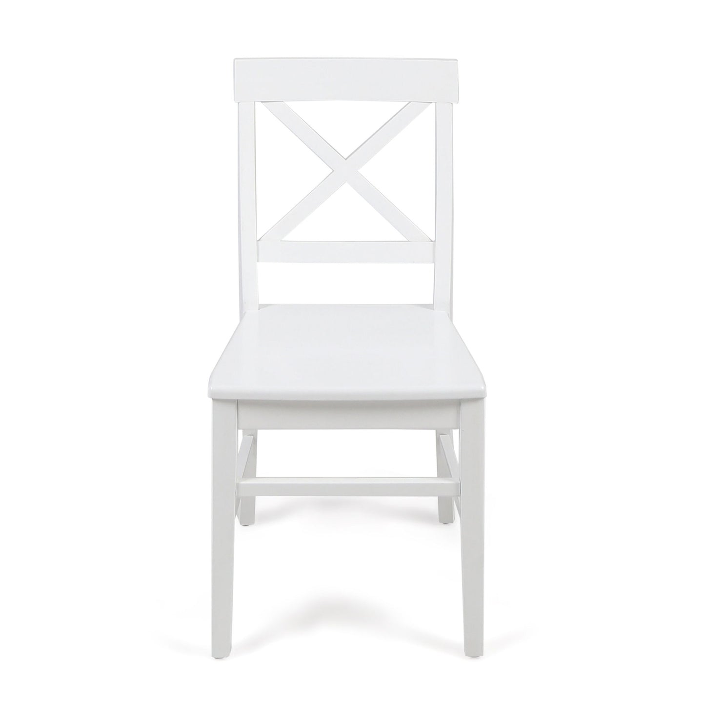 The Plethora Dining Chair With X Shaped Back (Set of 2) is a white wooden chair with a simple design, featuring an X-shaped backrest and four straight legs, shown against a plain white background.