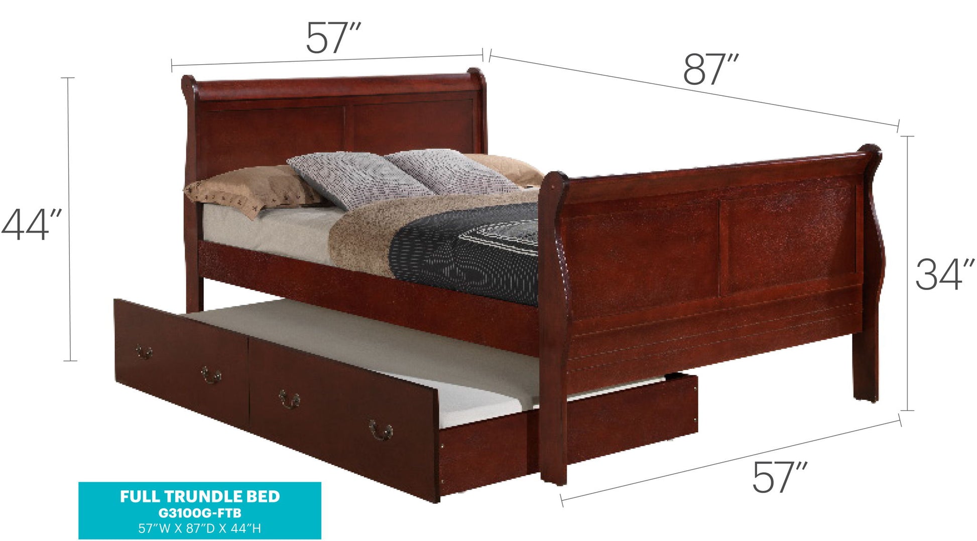 The Elegant Trundle Bed With Timeless Charm features a wooden sleigh design, includes bedding and pillows, measures 57"W x 87"L x 44"H (headboard), 34"H (footboard), and has a trundle drawer with handles pulled out below.