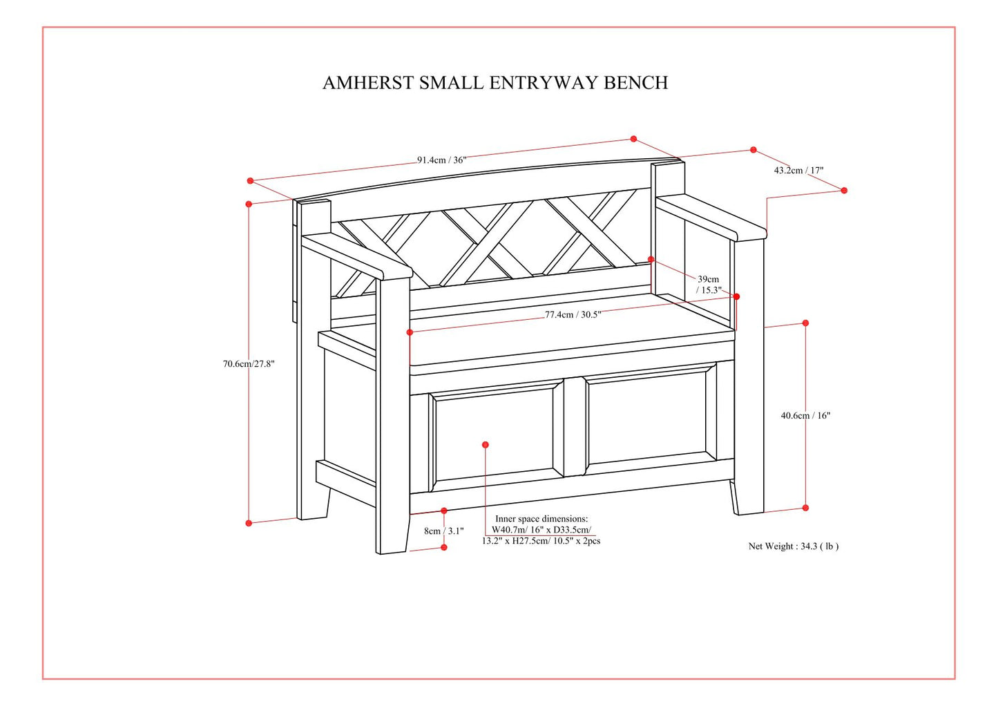 Line drawing of the Amherst - Small Transitional Entryway Storage Bench with labeled dimensions (inches and cm), highlighting storage space, armrests, backrest, and a weight of 34.3 lbs.
