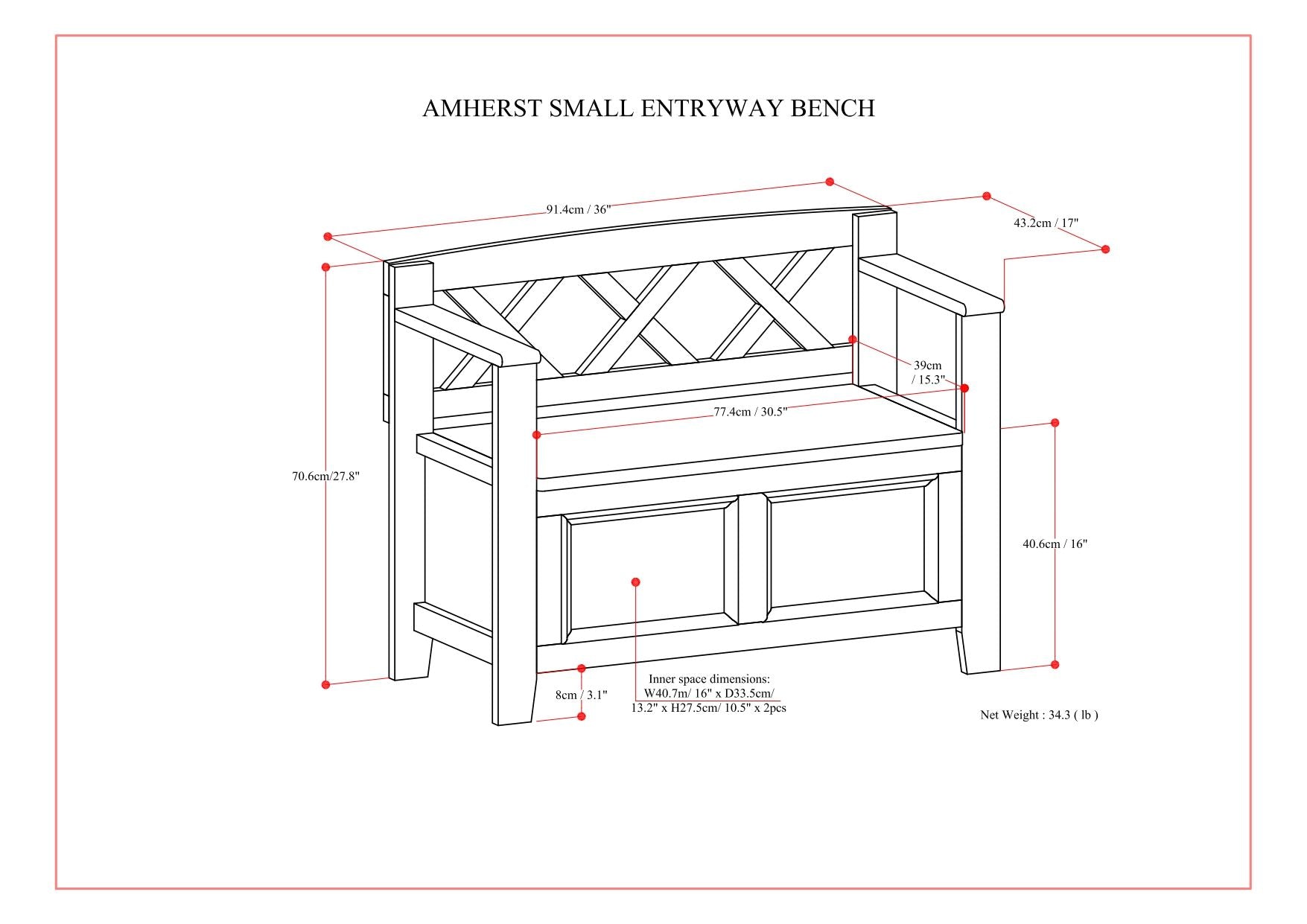 Line drawing of the Amherst - Small Transitional Entryway Storage Bench with labeled dimensions (inches and cm), highlighting storage space, armrests, backrest, and a weight of 34.3 lbs.