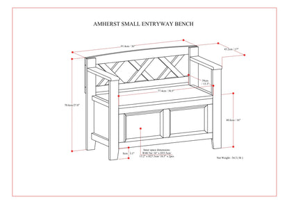 Line drawing of the Amherst - Small Transitional Entryway Storage Bench with labeled dimensions (inches and cm), highlighting storage space, armrests, backrest, and a weight of 34.3 lbs.