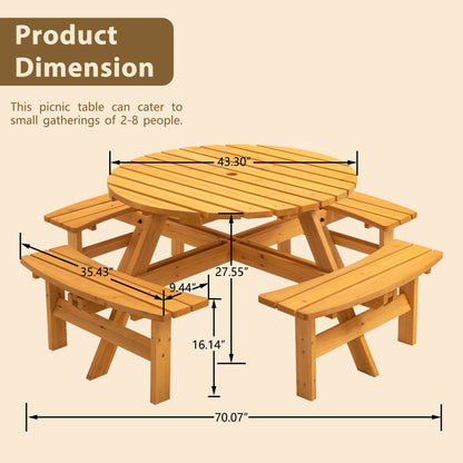 The 8 Person Wooden Picnic Table features 4 built-in benches, holds up to 2220 lbs, and measures 43.3" table diameter, 35.43" seat length, 16.14" seat height, table height of 27.55", and total width of 70.07". Ideal for garden or camping use.