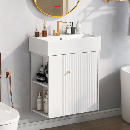 The Modern Floating Bathroom Vanity With Ceramic Basin is perfect for small bathrooms, featuring a rectangular sink, gold faucet and knobs, open shelves for storage on the left, and a circular mirror above against a light gray wall.