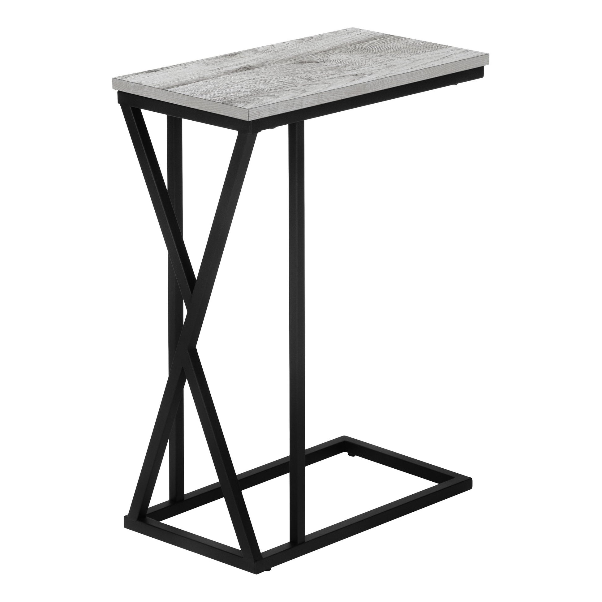 The Accent Table C-Shaped, Contemporary & Modern features a light wood top, black metal frame, and crisscrossed legs on one side, allowing it to easily slide over a sofa or chair for versatile use.