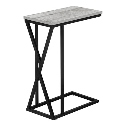 The Accent Table C-Shaped, Contemporary & Modern features a light wood top, black metal frame, and crisscrossed legs on one side, allowing it to easily slide over a sofa or chair for versatile use.