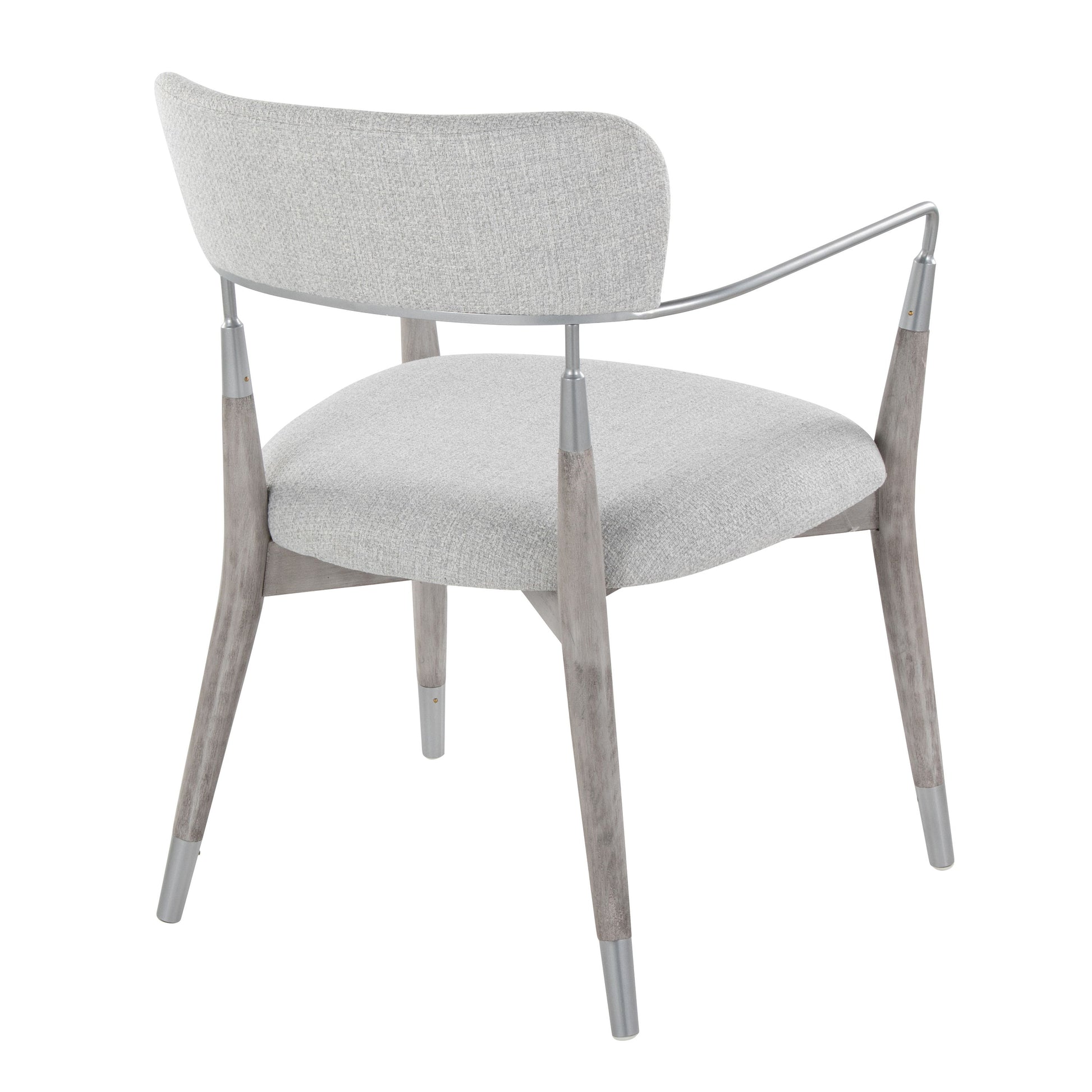 The Savannah - Contemporary Chair (Set of 2) features light gray fabric upholstery, a curved backrest, wooden legs with gray metal tips, sleek metal armrests, and a minimalist modern design.