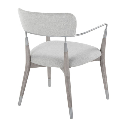 The Savannah - Contemporary Chair (Set of 2) features light gray fabric upholstery, a curved backrest, wooden legs with gray metal tips, sleek metal armrests, and a minimalist modern design.