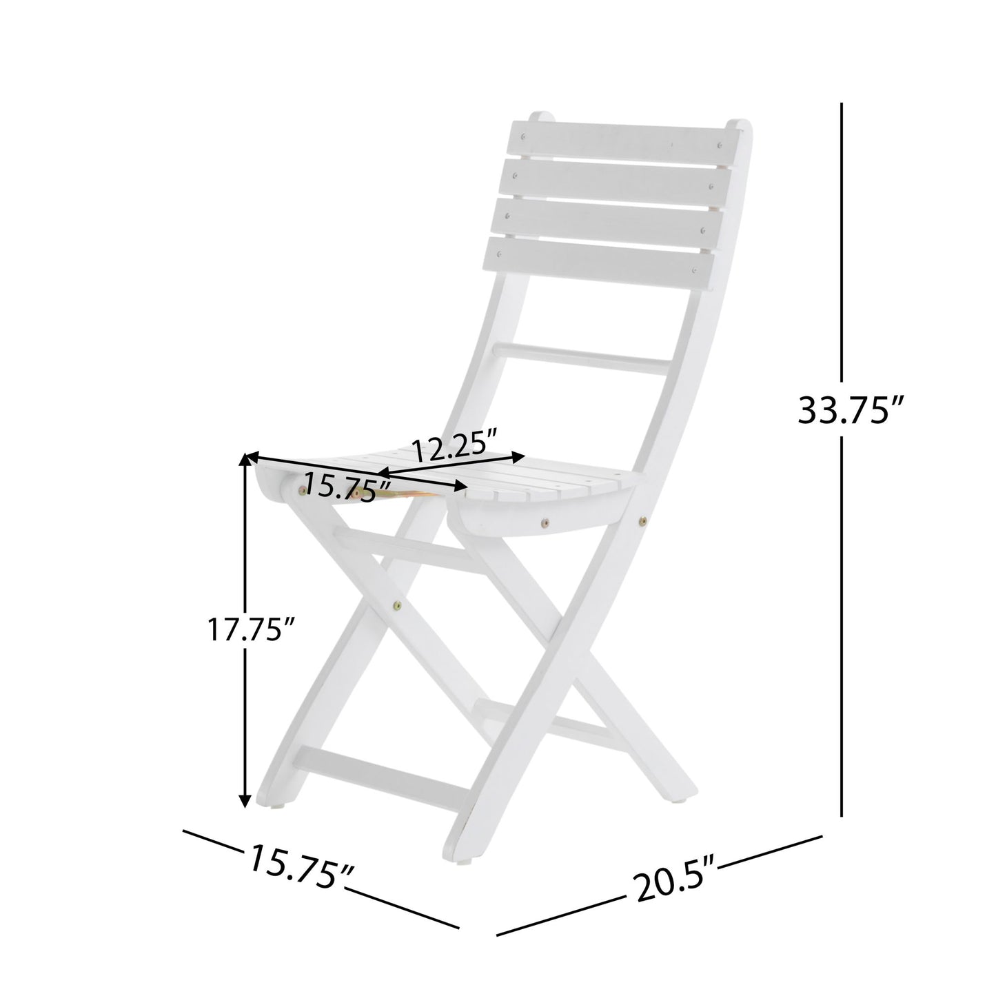 The Outdoor Foldable Wood Dining Chair With Slat Design (Set of 2) features a slatted back and seat. Dimensions: height 33.75", seat height 17.75", seat width 15.75", seat depth 12.25", leg depth 20.5".