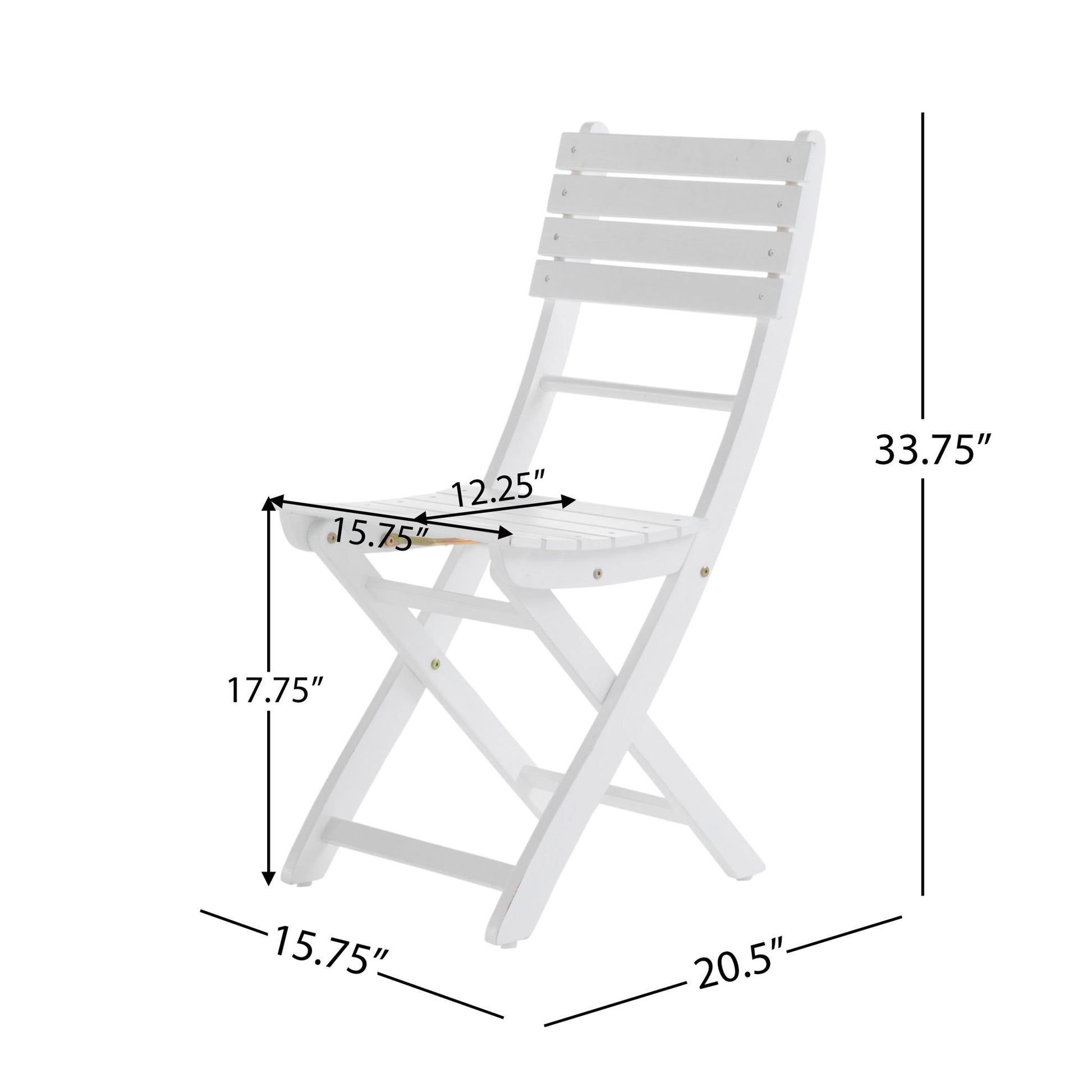 The Outdoor Foldable Wood Dining Chair With Slat Design (Set of 2) features a slatted back and seat. Dimensions: height 33.75", seat height 17.75", seat width 15.75", seat depth 12.25", leg depth 20.5".