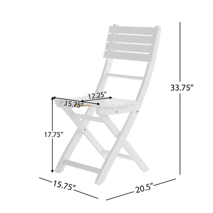 The Outdoor Foldable Wood Dining Chair With Slat Design (Set of 2) features a slatted back and seat. Dimensions: height 33.75", seat height 17.75", seat width 15.75", seat depth 12.25", leg depth 20.5".