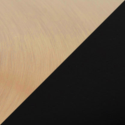 A diagonal split image: the upper left features Pebble - Contemporary & Glam Adjustable Dining / Bar Table’s textured light tan surface, while the bottom right is solid black, creating a striking contrast.