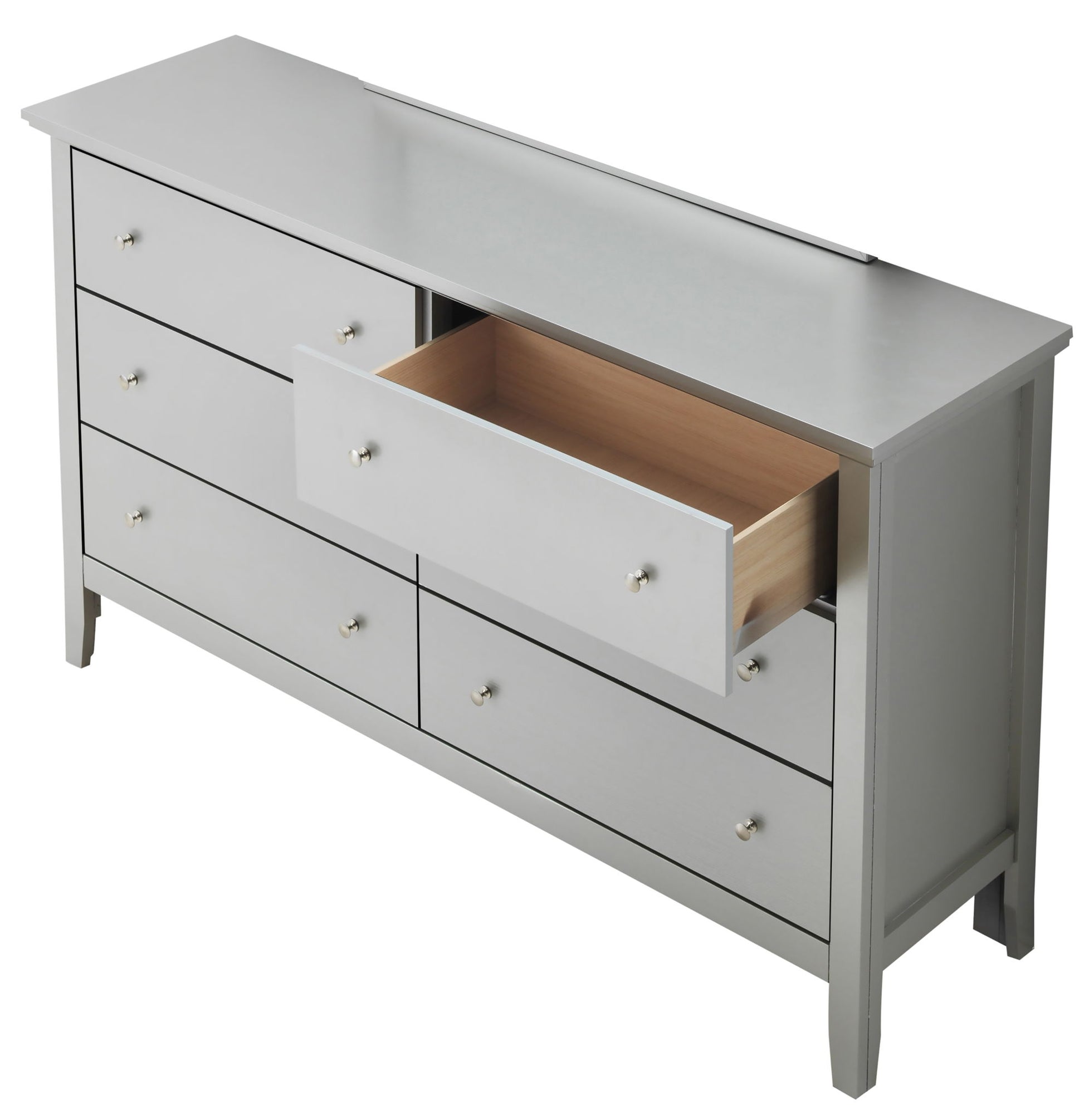 The Primo dresser features six drawers with simple round knobs, a modern minimalistic design, and a silver finish. One middle drawer is open to reveal its light wood interior.